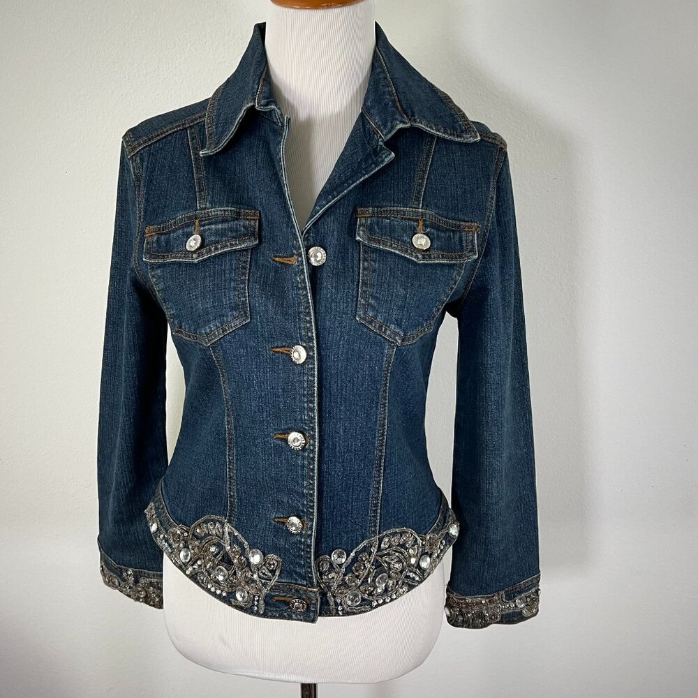 Vintage Cache Denim Jacket Rhinestone Sequin Jouer Aux Echecs 90s Rare Sz 8